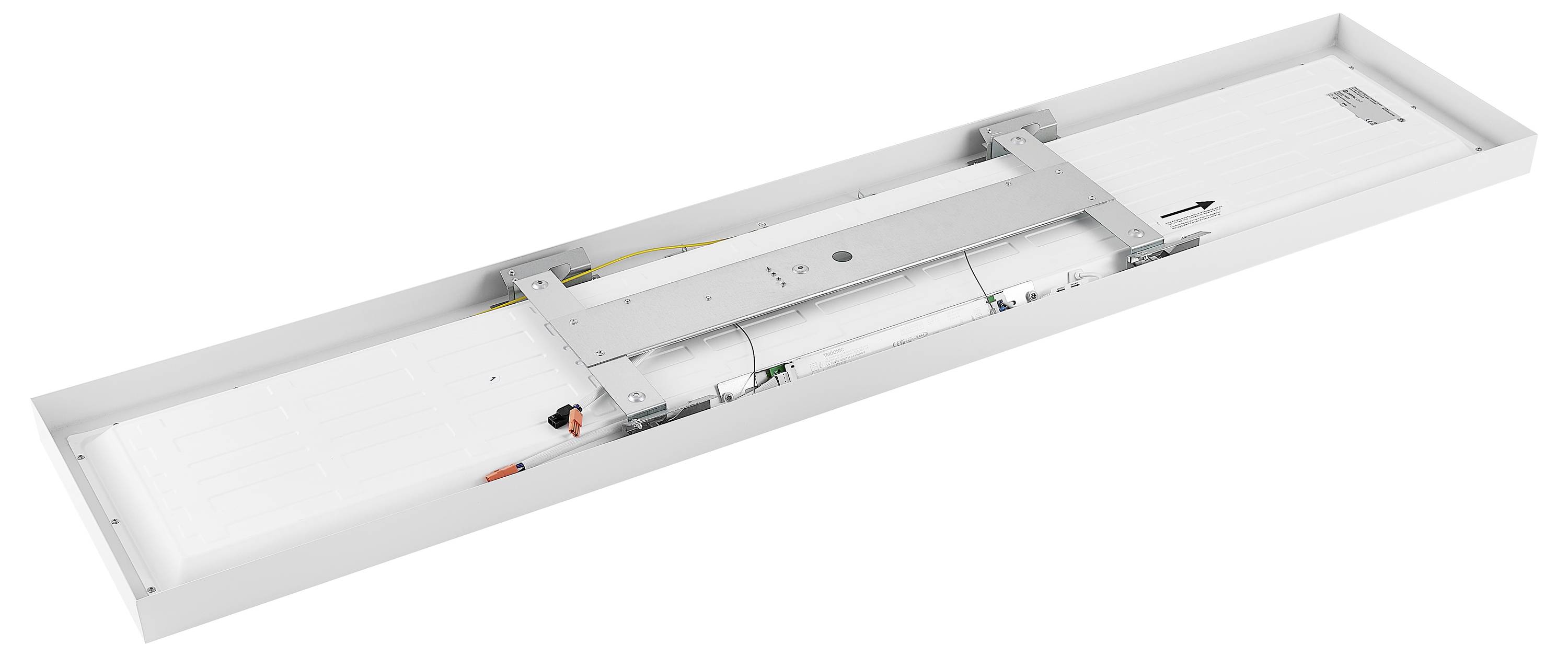 Ein rechteckiger LED-Leuchtkasten in Weiß mit sichtbarer Verkabelung und Hardware, geeignet für Deckeninstallationen.