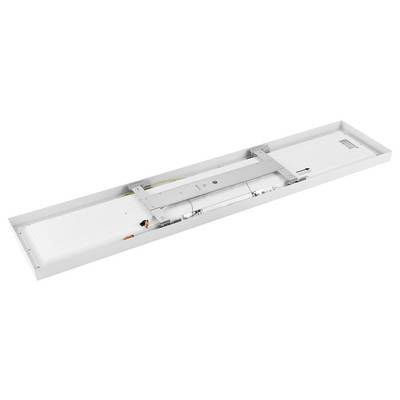 Ein rechteckiger LED-Leuchtkasten in Weiß mit sichtbarer Verkabelung und Hardware, geeignet für Deckeninstallationen.