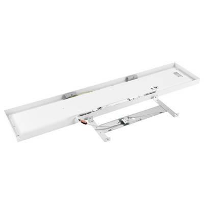 Lange weiße LED-Leuchte mit grauen Halterungen und sichtbarem Anschlusskabel. Geeignet für Deckenmontage in einem Büro oder Gewerberaum.