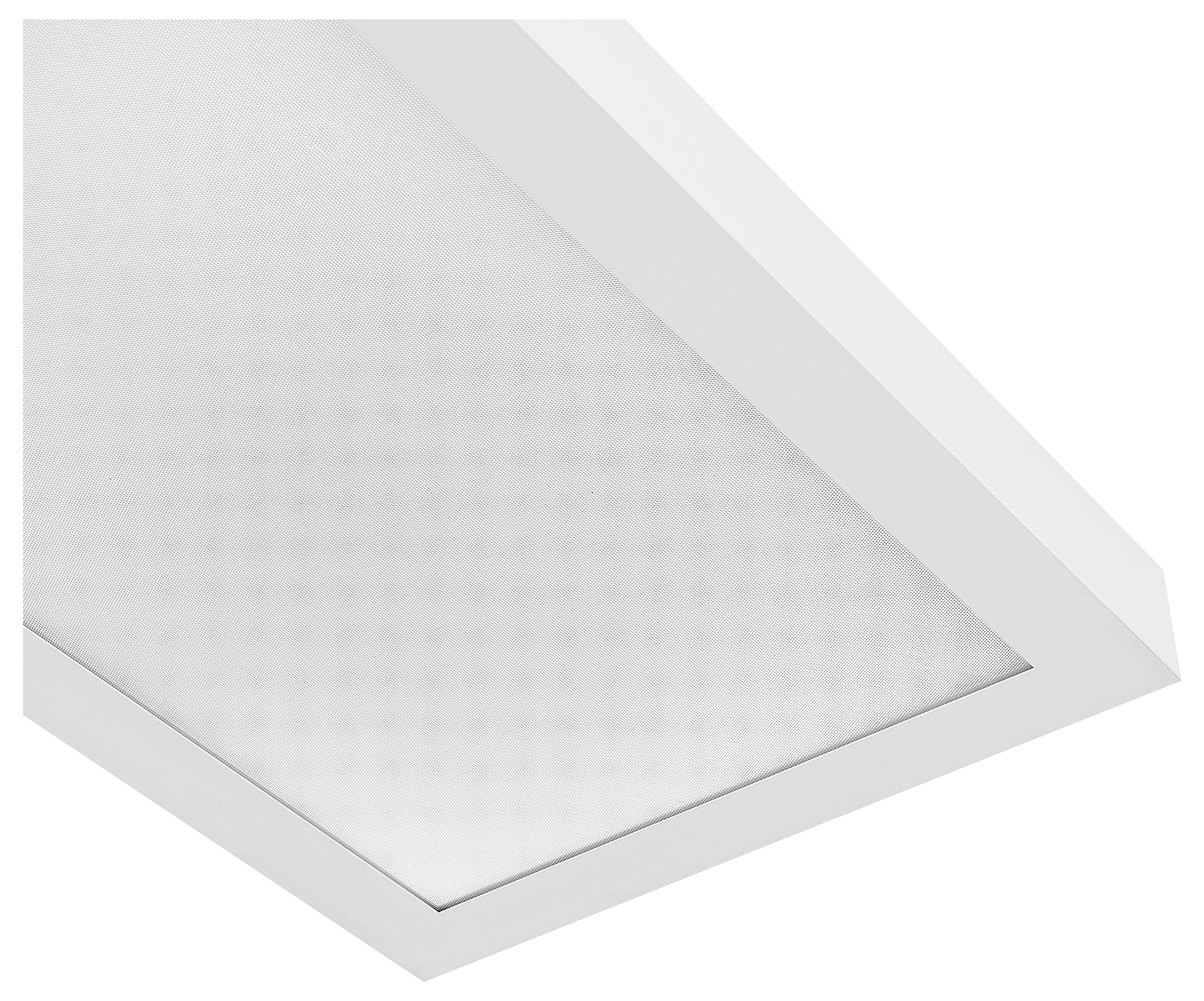 Weiße LED-Deckenleuchte in rechteckiger Form. Sie hat eine glatte Oberfläche und ist für eine gleichmäßige Beleuchtung konzipiert.