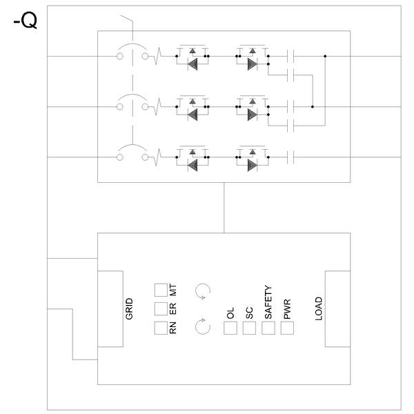 'Blockdiagramm eines Relais mit Stromnetz und Last. Shows Verbindungen und Symbole für Sicherheit, Leistung und Steuerung.'