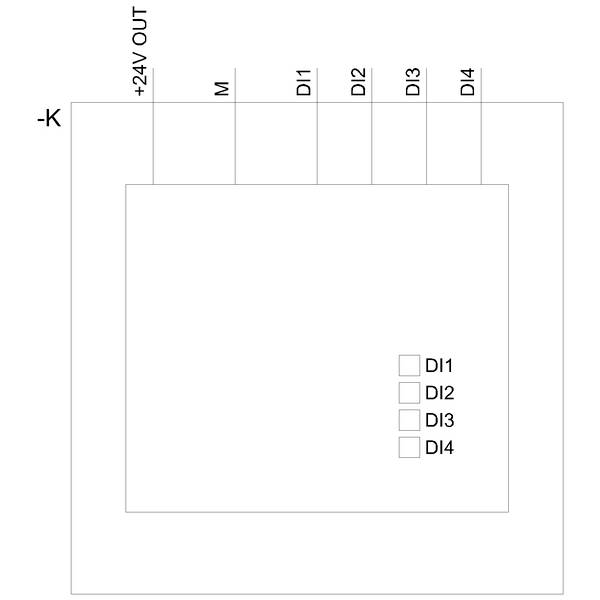 'Schaltplan zeigt Verbindungen: -K, +24V OUT, M, DI1 bis DI4. Checkboxen DI1 bis DI4 unten rechts repräsentieren digitale Eingänge.'