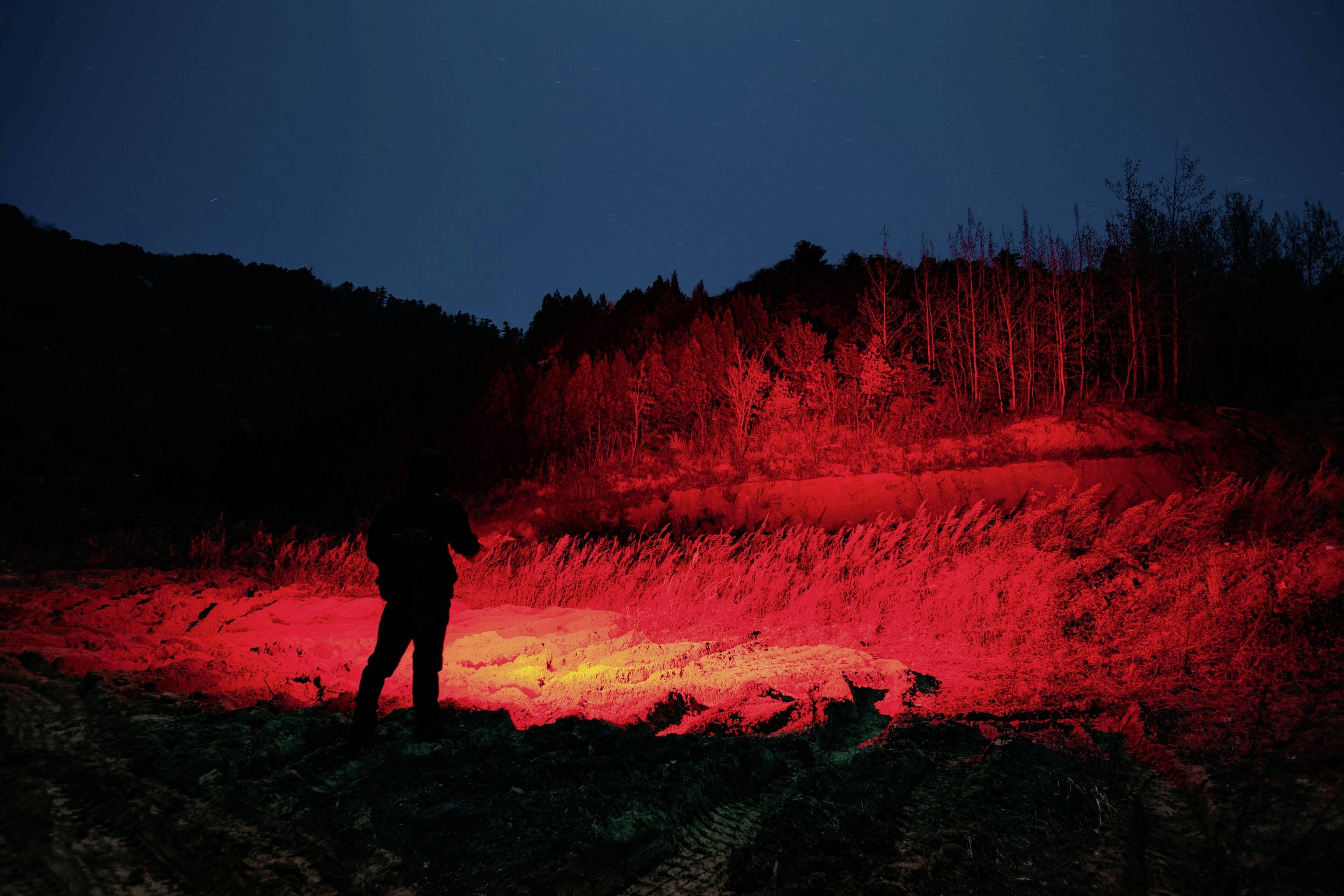 Eine Person steht nachts in einer Landschaft, die von rotem Licht erleuchtet wird, was einen eindrucksvollen Kontrast zur dunklen Umgebung schafft.