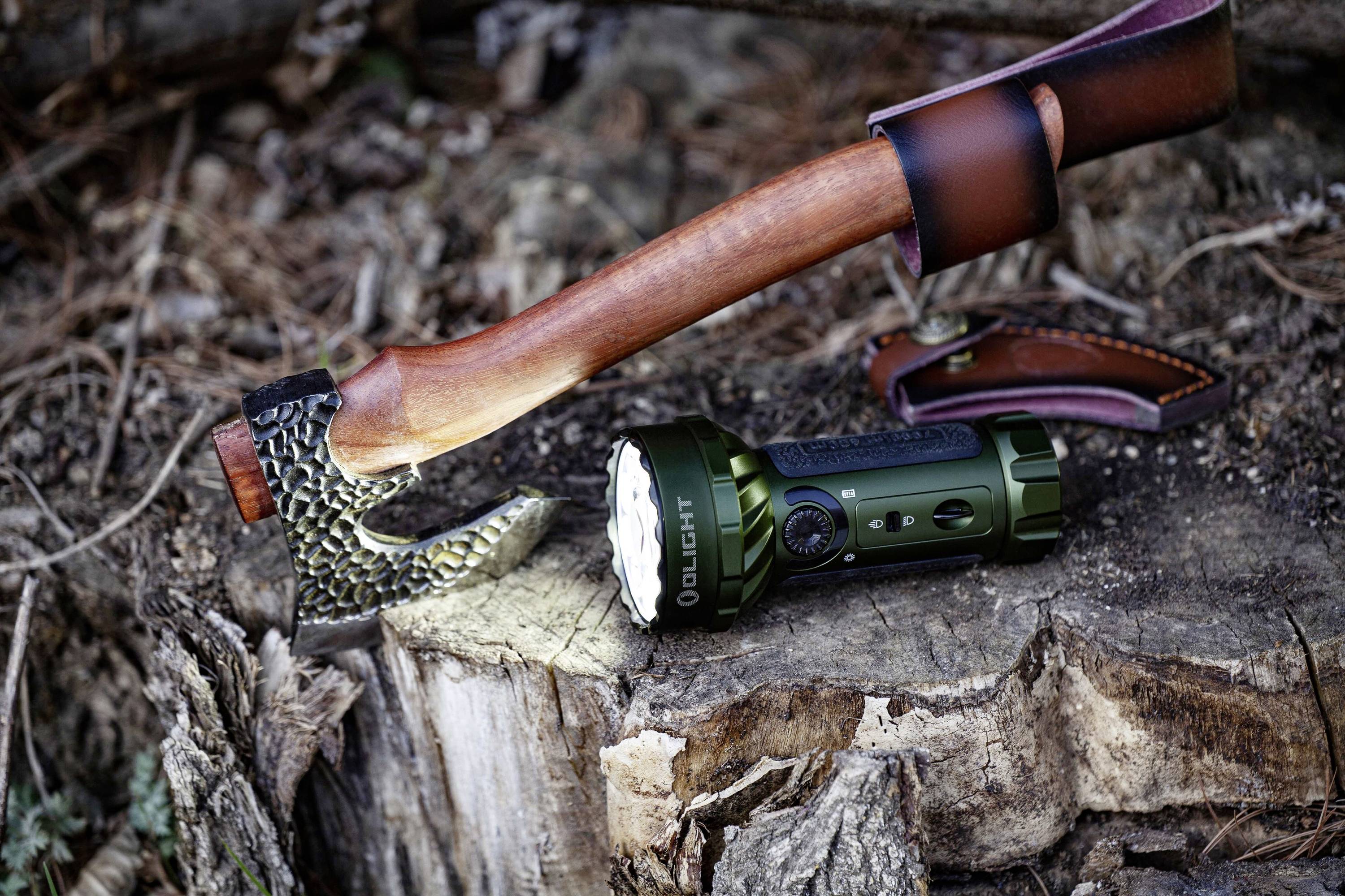 Axt mit verziertem Metallgriff und Taschenlampe liegen auf einem Baumstumpf im Wald, umgeben von Laub und Ästen.