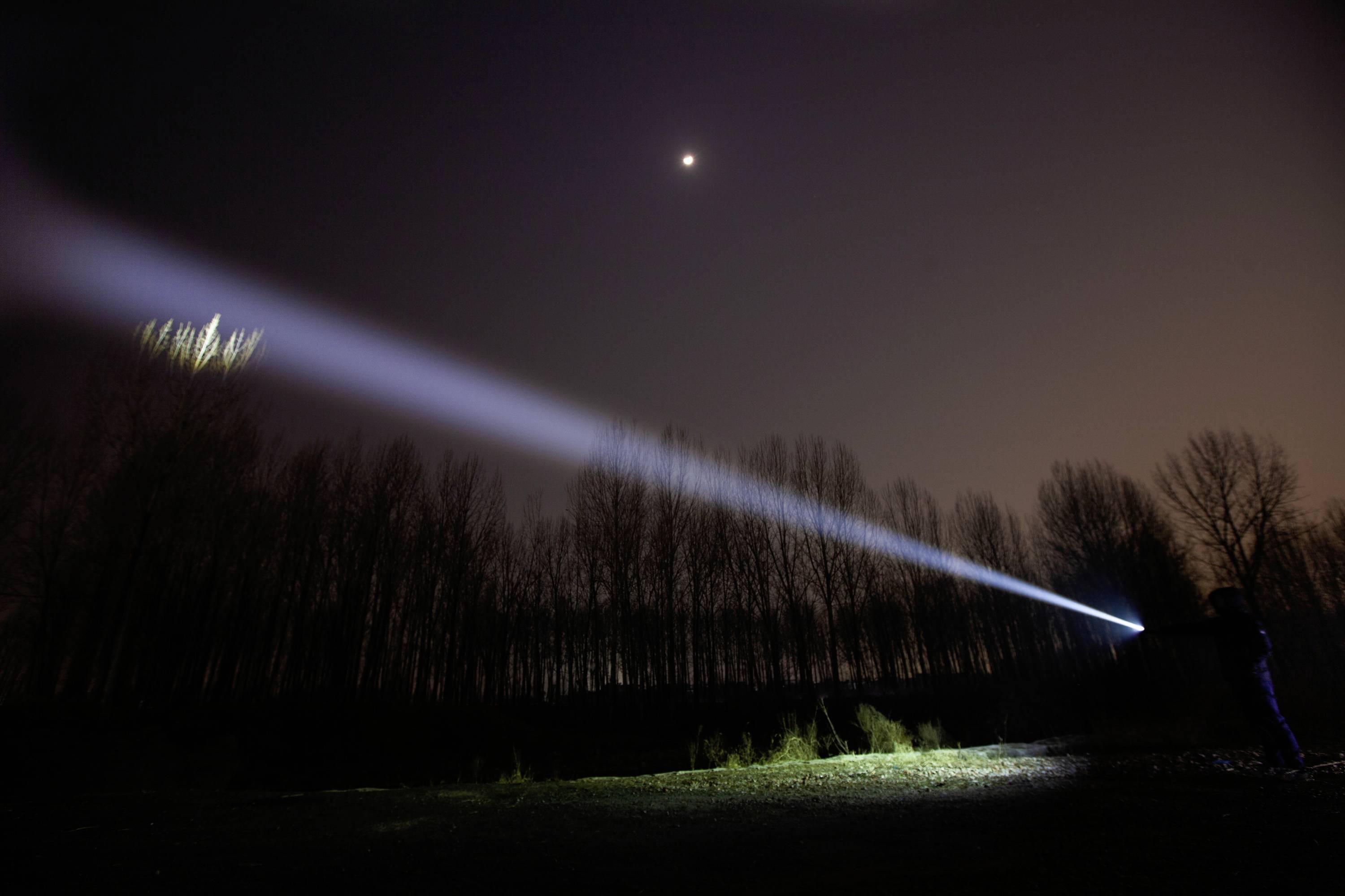 Eine Person leuchtet mit einer Taschenlampe in die Nacht. Der Lichtstrahl durchschneidet die Dunkelheit und trifft auf den Boden. Bäume sind im Hintergrund erkennbar.