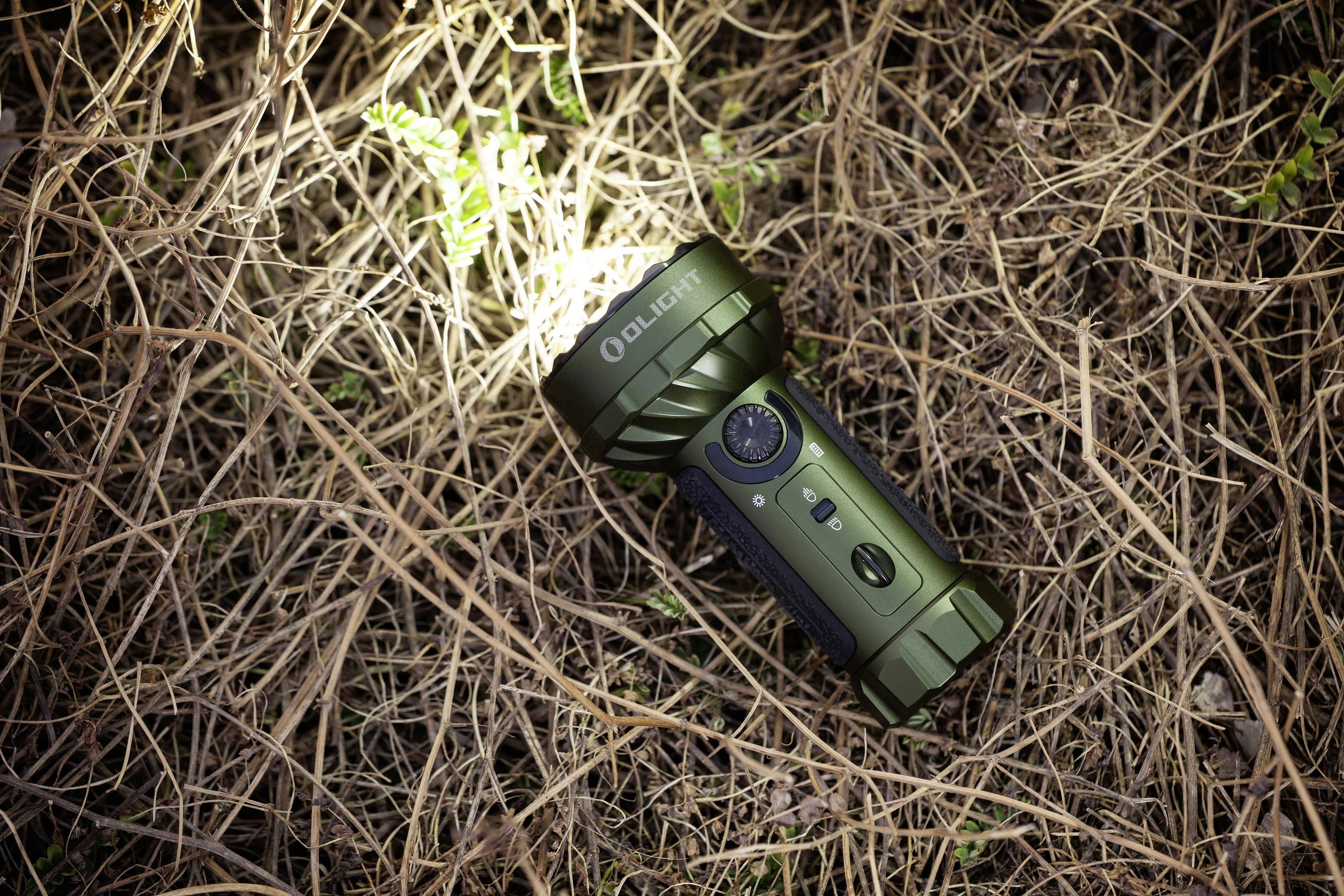 Eine grüne Taschenlampe leuchtet auf trockenem, verworrenem Grasboden, was auf Outdoor- oder Campingnutzung hinweisen könnte.