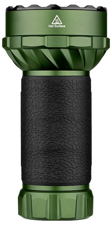 Eine grüne Taschenlampe mit schwarzer, strukturierter Griffoberfläche. Oben ein Warnsymbol mit der Aufschrift 'Hot Surface'.