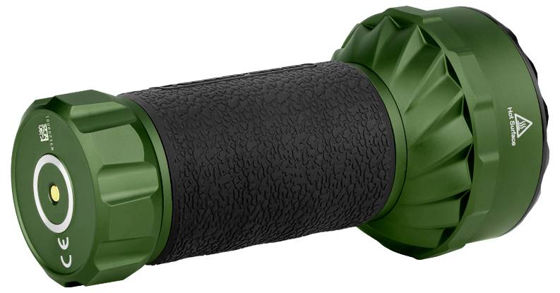 Grüne, zylinderförmige Taschenlampe mit strukturiertem Griff und Schraubverschluss, geeignet für Camping oder Outdoor-Aktivitäten.