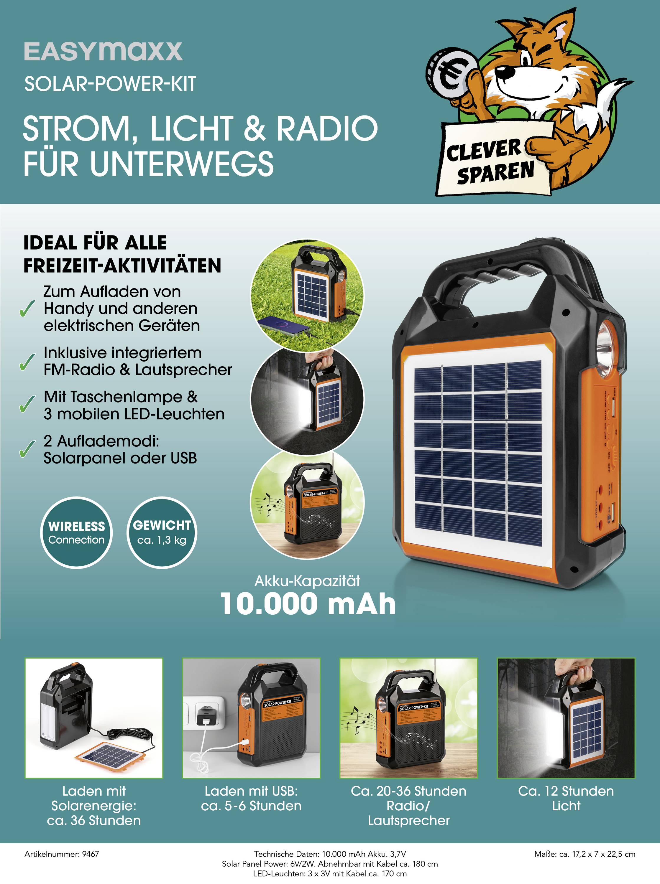 'EASYmaxx Solar-Power-Kit: Strom, Licht & Radio für unterwegs. Ideal für Freizeitaktivitäten, 10.000 mAh Akku, enthält Radio, Taschenlampe, Lautsprecher.'