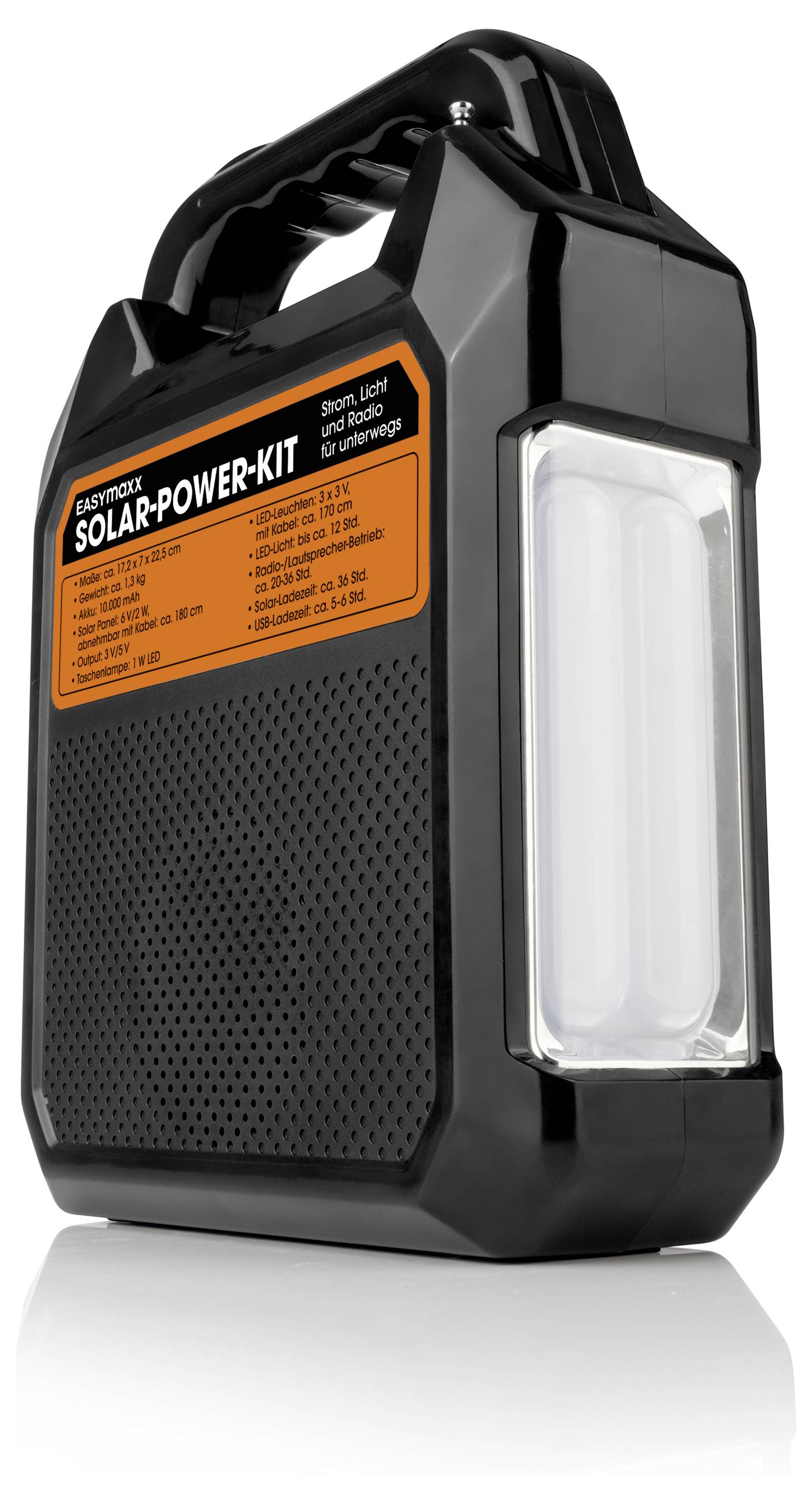 'SOLARENERGIE-SET für Licht und Aufladen von Radios' steht auf einem tragbaren schwarzen Gerät mit Solarlichtpanel. Ideal für den Außenbereich.