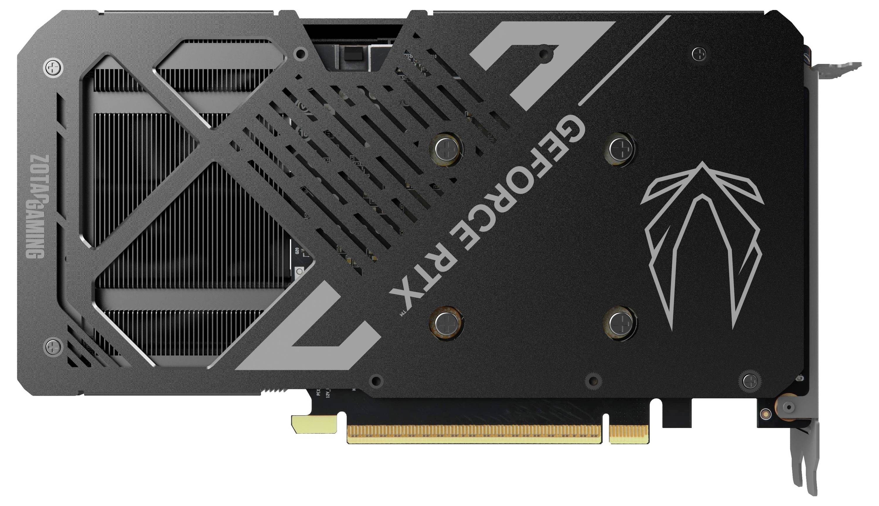 'Grafikkarte von Zotac, Modell GeForce RTX, mit schwarzem Gehäuse und silbernen Logos, zeigt Rückseite und PCIe-Anschluss.'