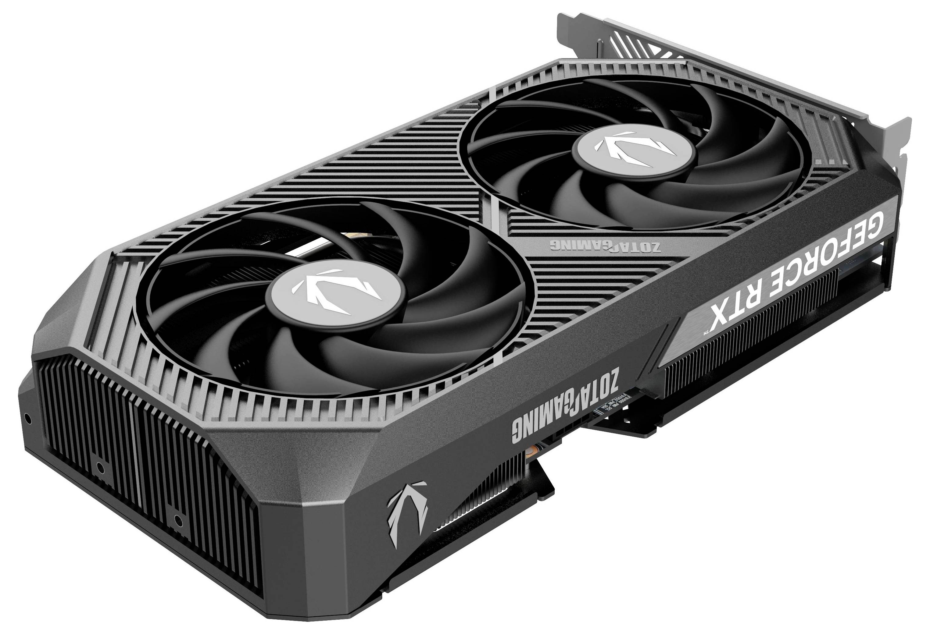 Grafikkarte mit zwei Lüftern, markiert mit 'GeForce RTX' und 'Zotac Gaming'. High-Tech-Design für leistungsstarkes Gaming und Grafik.