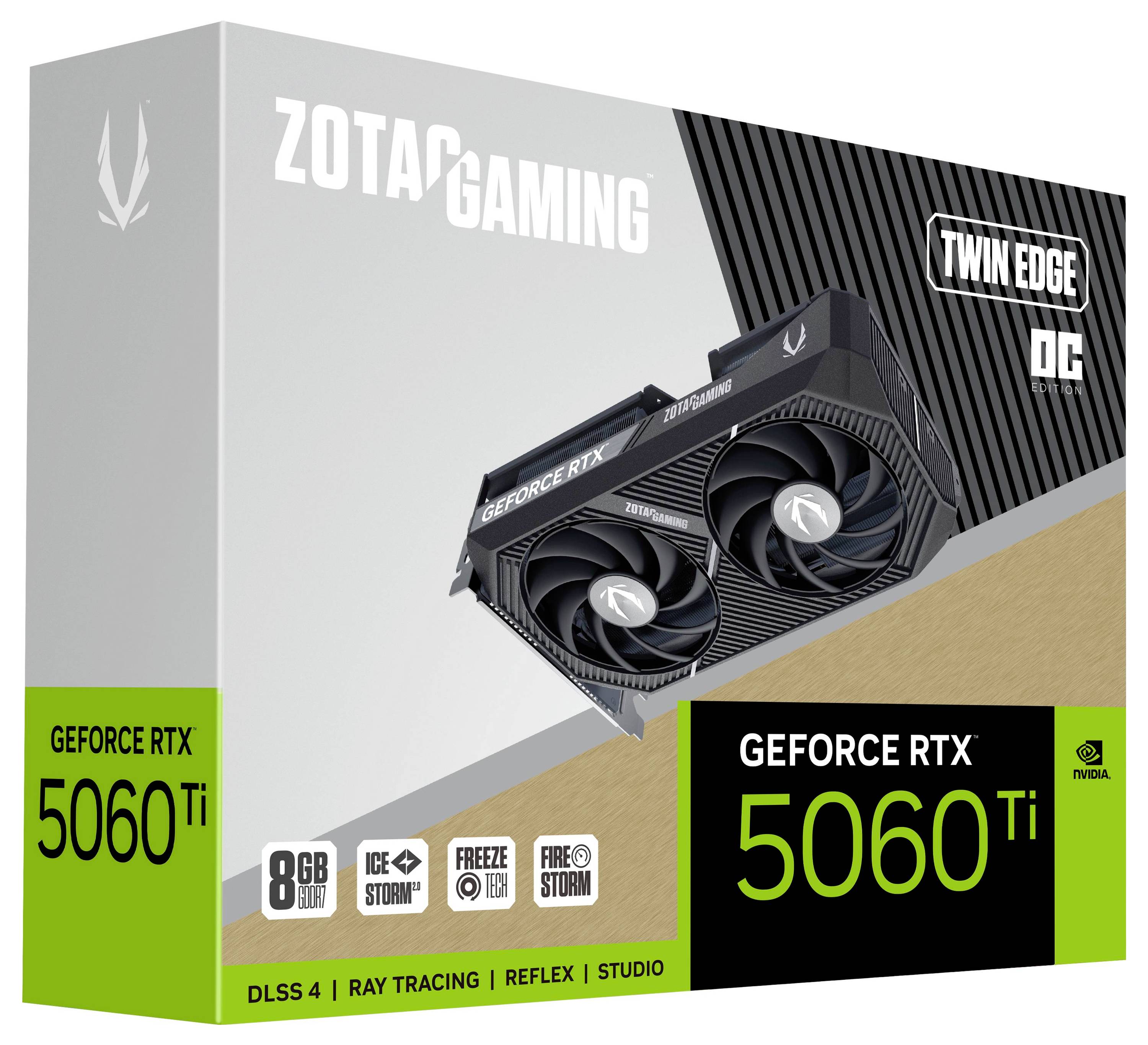 'ZOTAC Gaming GeForce RTX 5060 Ti Twin Edge OC' Grafikkartenverpackung mit Logos wie DLSS 4, Ray Tracing, Reflex, Studio.