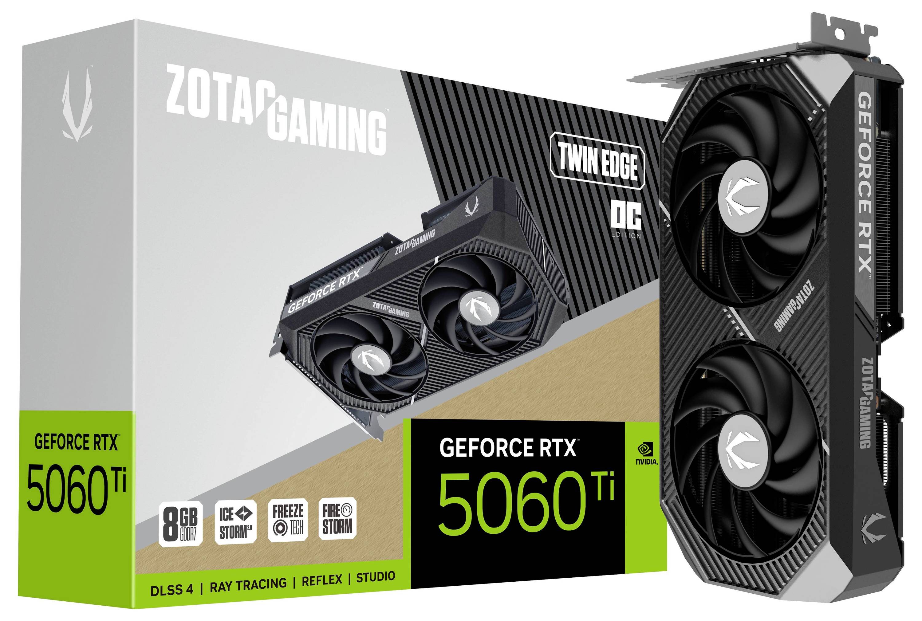 ZOTAC GeForce RTX 5060 Ti Twin Edge Grafikkarte vor ihrer Verpackung mit Angaben zu technischen Spezifikationen wie 8 GB Speicher.