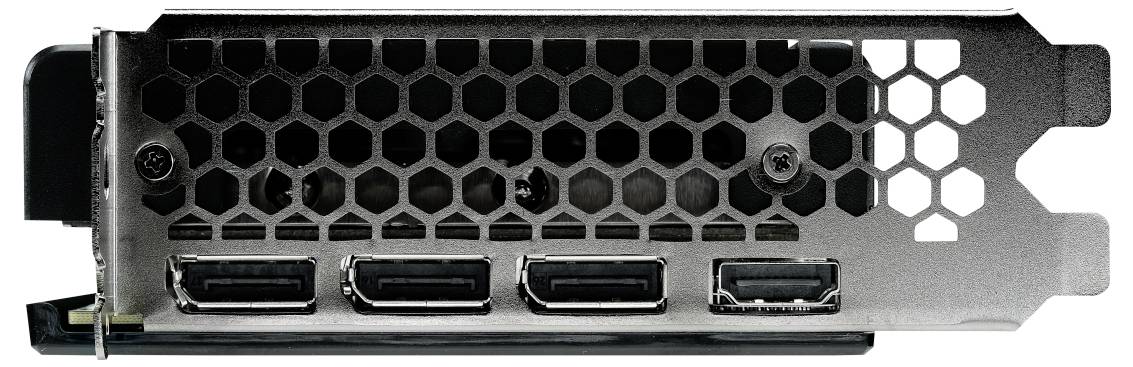 Eine Grafikkarte mit Metallgitter, vier Anschlüssen für Monitorkabel, dargestellt von hinten.