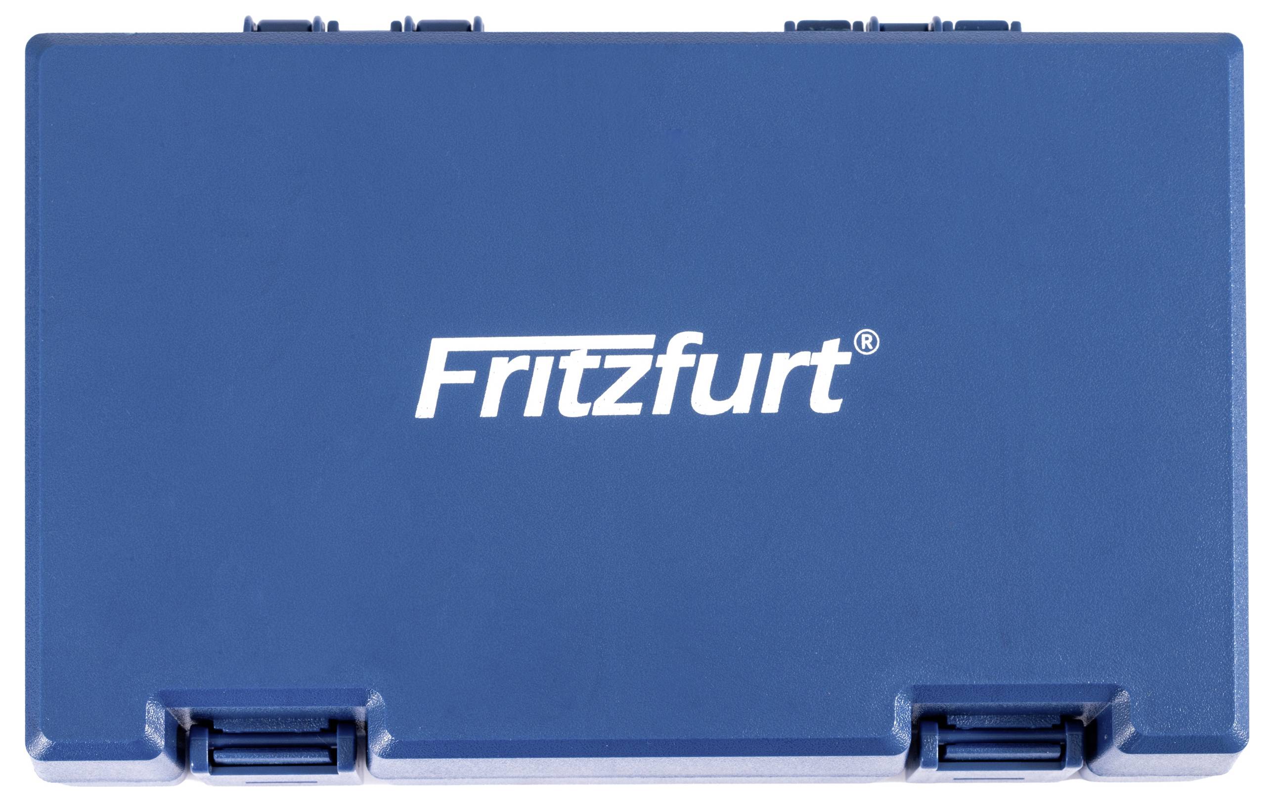 Eine blaue Schachtel mit dem Branding „Fritzfurt" auf dem Deckel gedruckt.