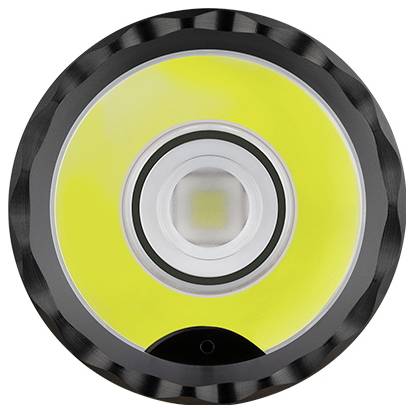 Runder, gelber LED-Lichtstrahler mit schwarzem Rand, Blick von vorne.