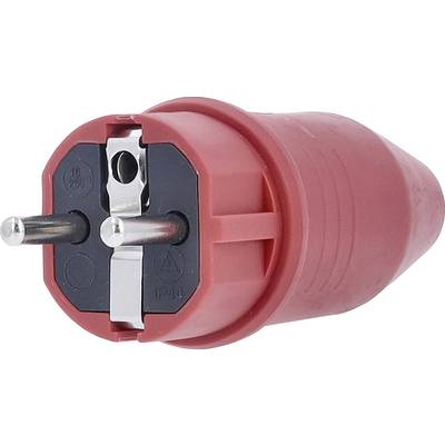 Roter CEE-Stecker mit zwei Metallstiften, verwendet für Starkstromverbindungen in Industrie und Bauwesen.