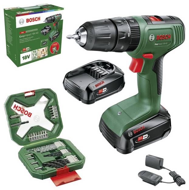 Akkubohrschrauber-Set mit grünem Bosch-Bohrer, Ladegerät und verschiedenen Bohreraufsätzen in einem Koffer. Verpackung zeigt Details.