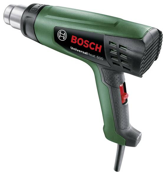 Eine grüne Heißluftpistole mit schwarzem Griff, Markierung 'Bosch UniversalHeat 600', geeignet für Entfernen von Farbe oder Schrumpfen.
