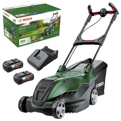 Bosch Rasenmäher-Set mit 36V Akku, Ladegerät und Ersatzakku; kompakt, kabellos, geeignet für mittlere Gärten.