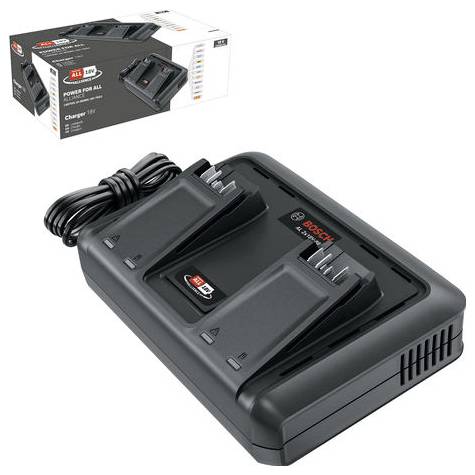 Doppel-Ladegerät von Bosch für 18V-Akkus, mit schwarzem Gehäuse und Netzkabel, abgebildet neben der Produktverpackung.