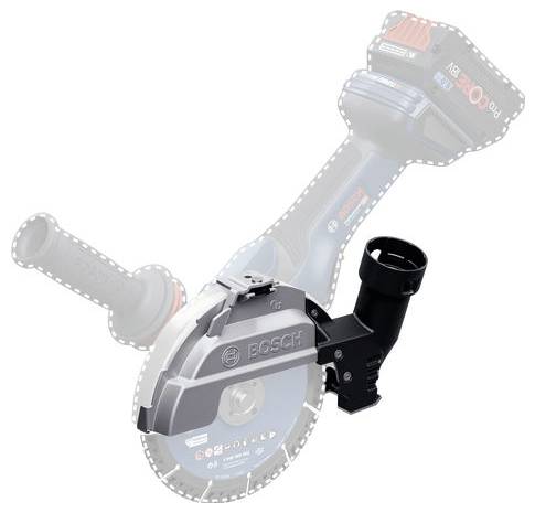 Handwerkergerät: Winkelschleifer-Aufsatz von Bosch mit Staubabsaugung, abgebildet mit und ohne Schutzhaube, für präzises Arbeiten.