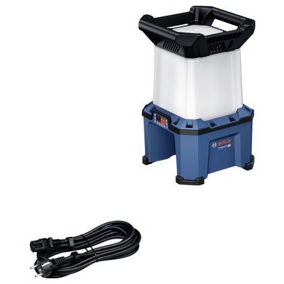 Eine blaue Baustellenleuchte mit stabilem Tragegriff und einem schwarzen Netzkabel darunter. Markiert mit 'Bosch'.