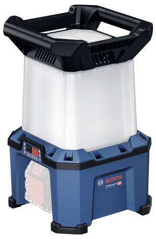 Eine blaue tragbare Arbeitsleuchte mit schwarzem Griff, Markenname 'Bosch', angezeigt auf der Vorderseite.