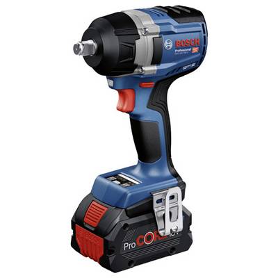 Kabelloser Bosch Professional Schraubenschlüssel mit blauem Gehäuse, rotem Griff und ProCORE 18V Akku. Ideal für Handwerker.