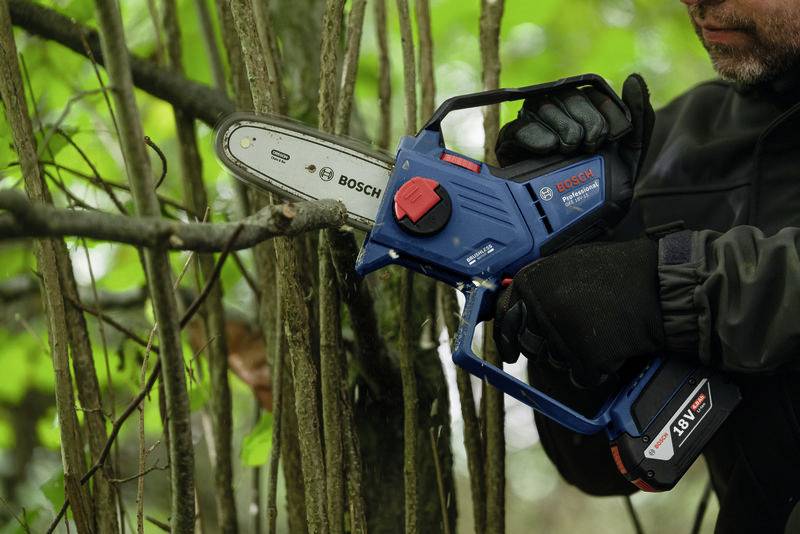 Person sägt im Wald mit Akkukettensäge Äste ab.