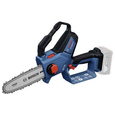 Kabellose Bosch Kettensäge, blau mit rotem Schalter, geeignet für Gartenarbeit. Akku-Bereich markiert rechts, Kettensäge-Details sichtbar.