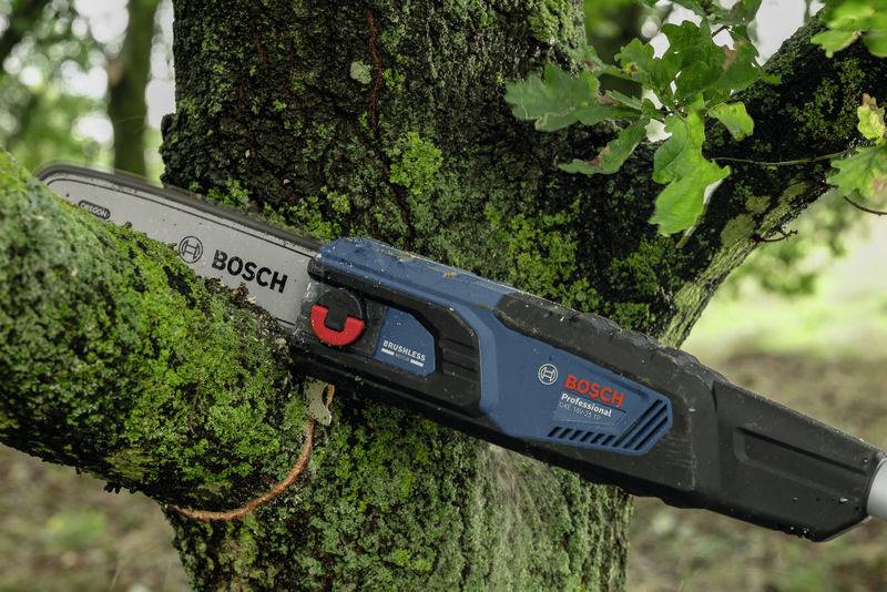 Eine elektrische Säge schneidet einen dicken Ast von einem Baum. Die Säge ist von der Marke Bosch und hat eine grüne und schwarze Farbgebung.