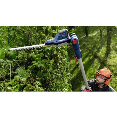 Eine Person verwendet eine Teleskop-Heckenschere in einem Garten, um hohe Hecken zu schneiden. Die Person trägt Schutzkleidung.