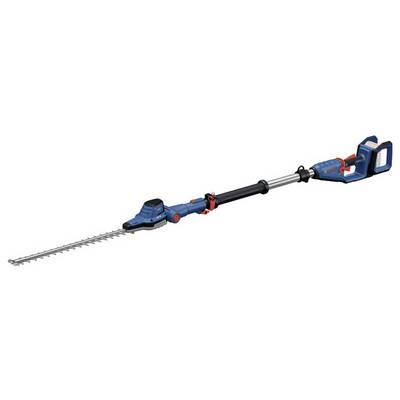 Teleskop-Heckenschere mit blauem und schwarzem Griff, teleskopierbarem Stab und Klingenbalken zum Schneiden von hohen Hecken.