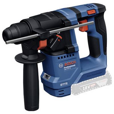 Akku-Bohrhammer in Blau und Schwarz mit rotem Schalter und zusätzlichem Griff. Modell 'Bosch Professional 18V'. Ideal für Bauarbeiten.