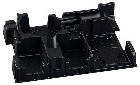 Schwarze, geformte Kunststoffverpackung mit mehreren Fächern zur sicheren Aufbewahrung und zum Transport von kleinen Gegenständen oder Elektronik.