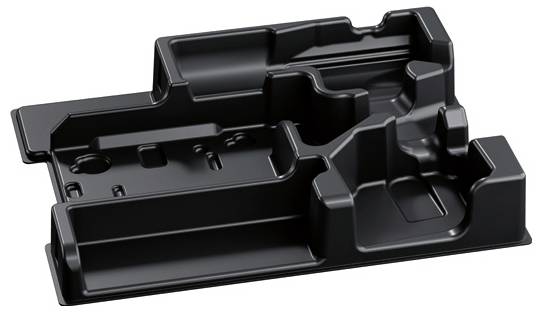 Schwarze Plastikform mit mehreren Fächern und Vertiefungen, zur Aufnahme und Organisation von Gegenständen, auf weißem Hintergrund.