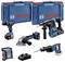Ein Set von Bosch-Elektrowerkzeugen mit Bohrmaschine, Bohrhammer, Winkelschleifer, Säbelsäge, Ladegerät und zwei blauen Koffern.