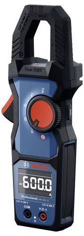 Ein digitales Strommessgerät mit Klemmbereich und Display zeigt '600.0 A'. Blaue und schwarze Gehäusefarbe mit rotem Regler.