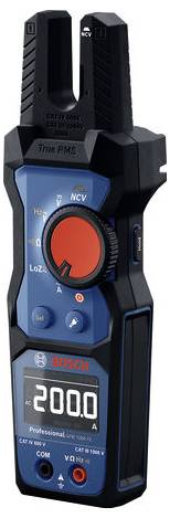 Digitaler Stromzangen-Multimeter mit blauem Gehäuse und rotem Drehregler, zeigt '200.0 A' an. Ideal für präzise Strommessungen.