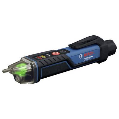 Elektronischer Spannungsprüfer von Bosch. Gerät in blauer und schwarzer Farbgebung mit Markierung 'BOSCH Professional' und grünem Kontrolllicht.