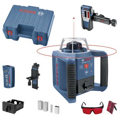 Laser-Nivellier-Set von Bosch mit Gerät, Empfänger, Brille, Halterung und Transportkoffer. Ideal für präzise Vermessungsarbeiten.