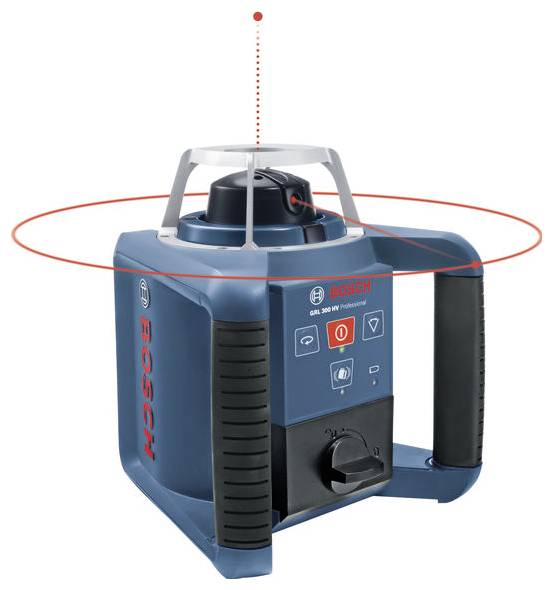 Blauer Bosch Rotationslaser mit zwei Griffen, emittiert roten Laser in alle Richtungen, geeignet für präzise Nivellierarbeiten.