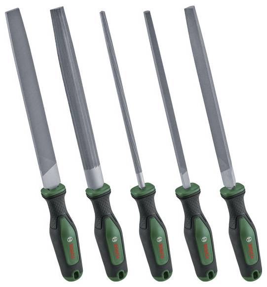 Ein Set von fünf Metallfeilen mit grünen und schwarzen Griffen, die in verschiedenen Formen und Größen angeordnet sind.