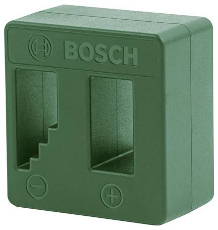 Grünes Kunststoffwerkzeug von Bosch mit Einstecköffnungen für genaue Platzierung. Beschriftungen '+' und '-' sind sichtbar.