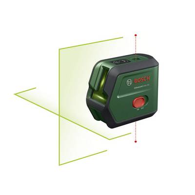 Ein Bosch-Laserentfernungsmesser projiziert grüne Laserlinien auf Wände. Das Gerät ist schwarz-grün mit roten Akzenten.
