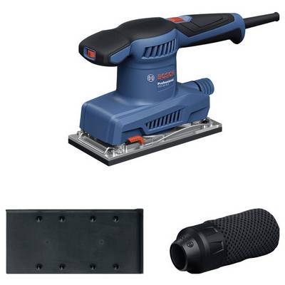 Eine blaue elektrische Schleifmaschine mit dazugehörigem Zubehör: eine schwarze Schleifplatte und ein schwarzes Griffstück.
