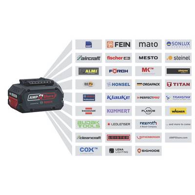 Eine Bosch-Batterie neben einem Raster von Logos verschiedener Marken, die von der Batterieserie 'AMPShare' unterstützt werden.