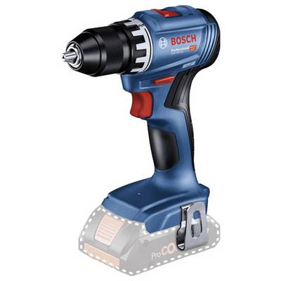 Elektrische blaue Bosch-Bohrmaschine ohne eingesetzten Akku, mit schwarzem Griff und Bohrfutter, markantem rotem Schalter.